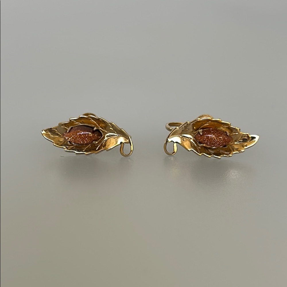 Vintage Gf Real Stone Gold Leaf Earrings